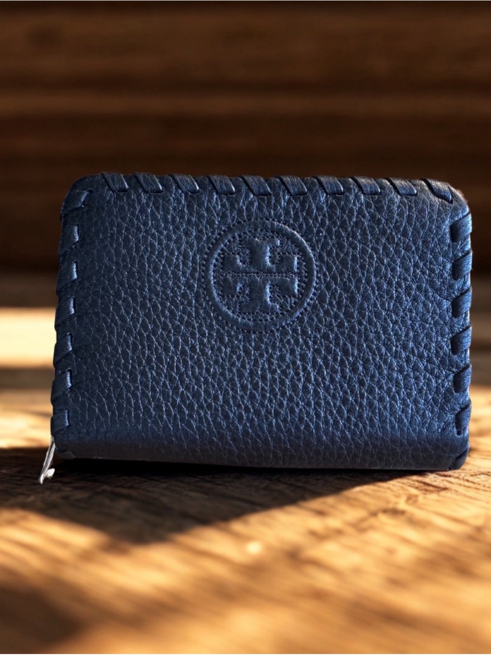 Tory Burch Black Whipstitch Pebbled Leather Zip Wallet Card Case